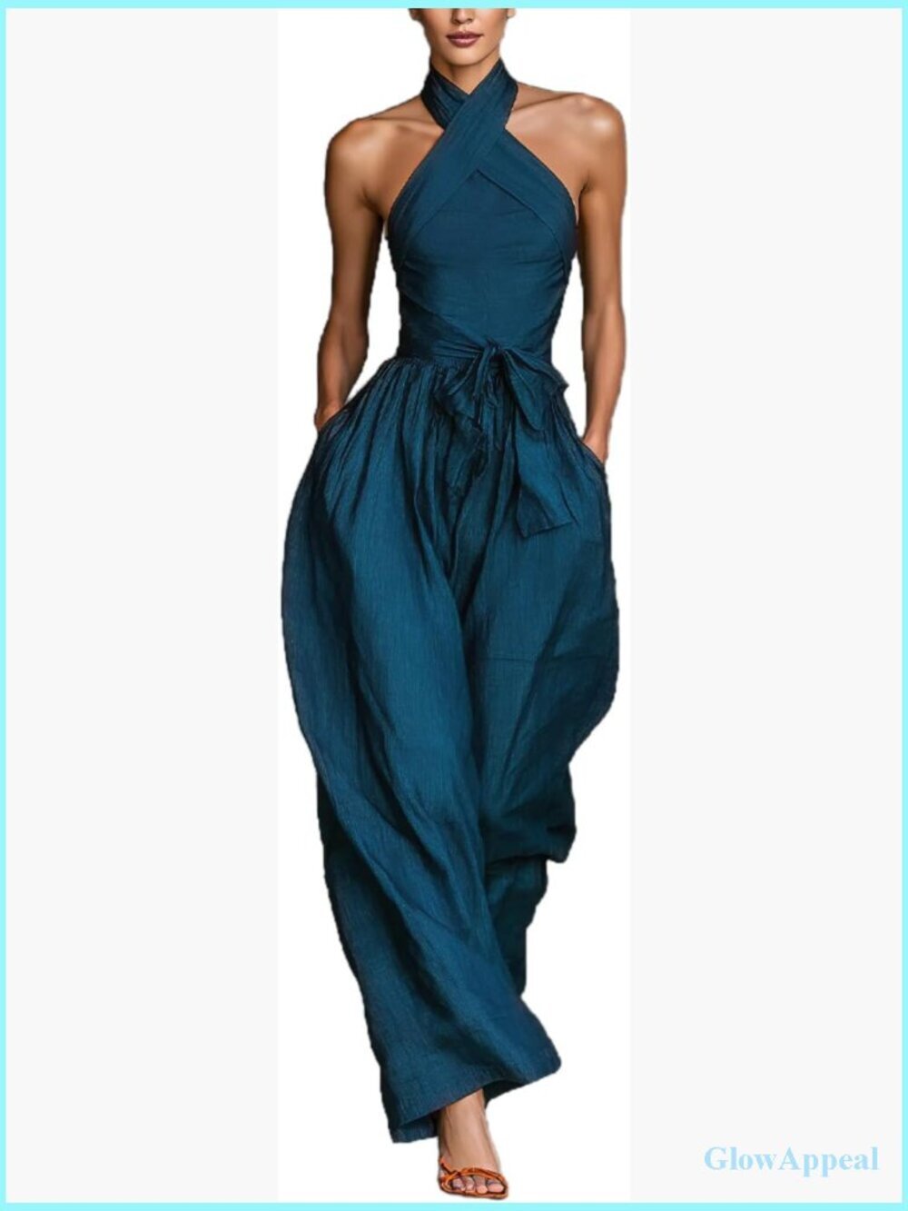 Sleeveless Halter Wide Leg Jumpsuit V-Neck Backless Date Night